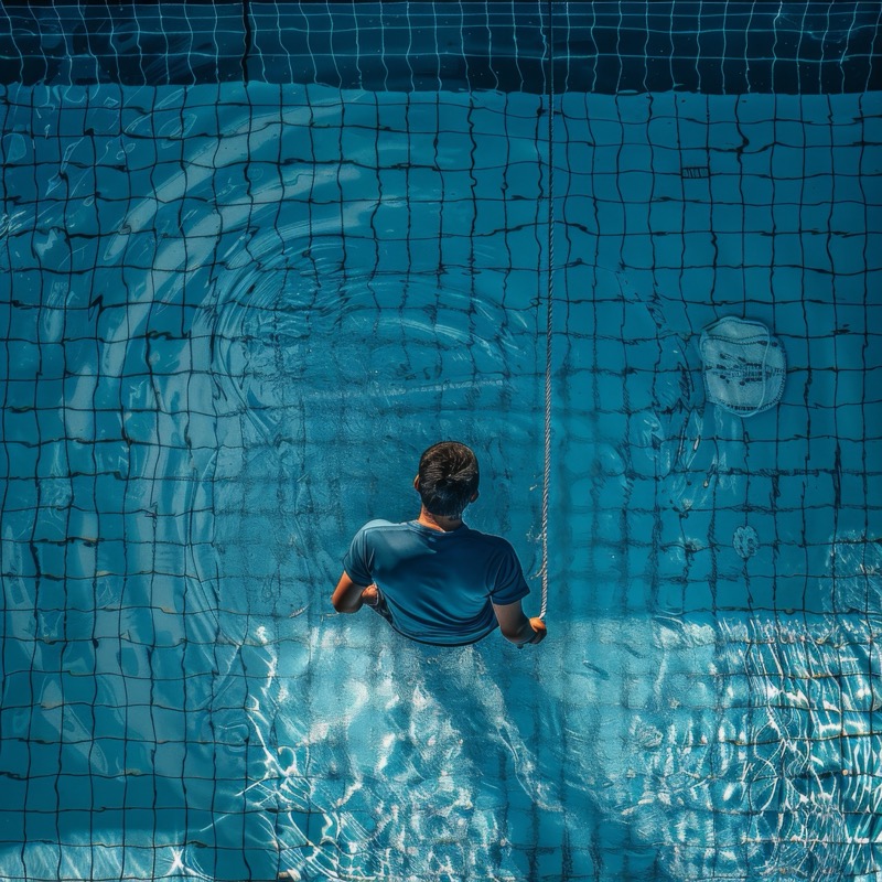 Pool maintenance technician in blue shirt with cleaning equipment servicing a swimming pool.